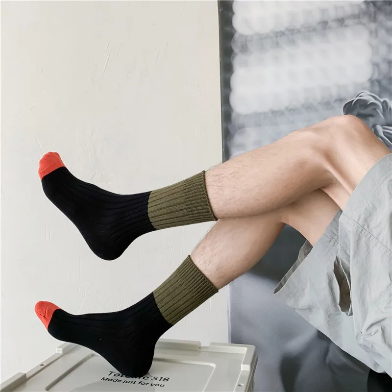 Men Color Block Crew Socks, Retro Contrast Color Thick Ribbed Cotton Socks, Harajuku Streetwear Skateboard Casual Mid Calf Socks