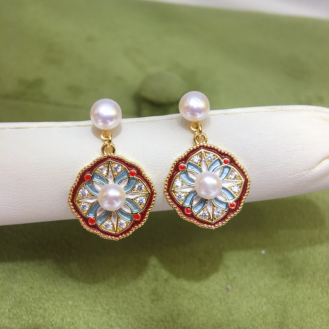 

Freshwater Pearl Earrings Retro Chinese Style Ring Inlaid Zircon varying sizes 5-5.5/6-6.5mm Bread Beads Gift For Woman