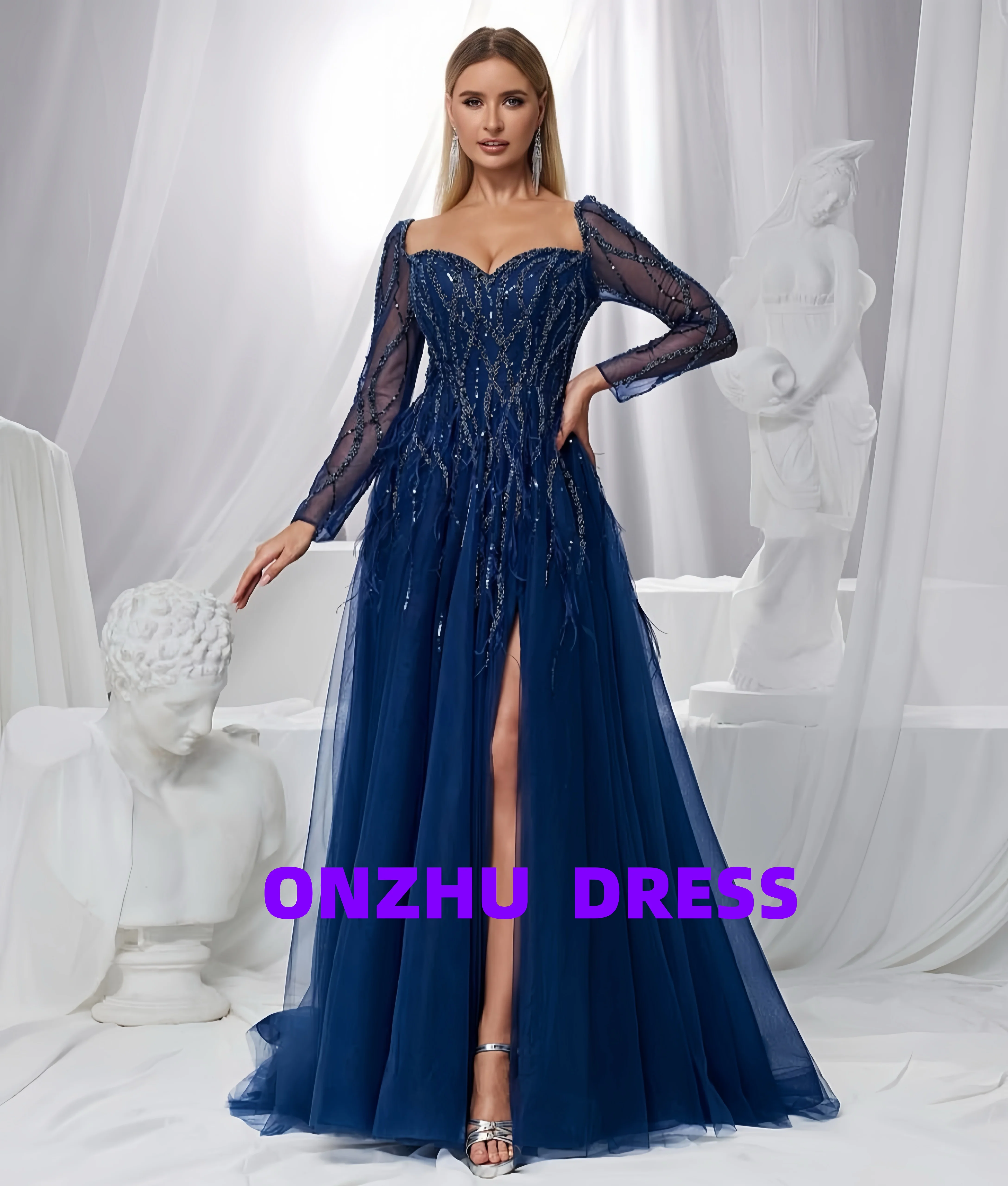 Aangepaste Zoete kraag lange mouwen A-LIJN elegante avondjurken luxe robes de soiree vestidos de gala vestidos de gala Par