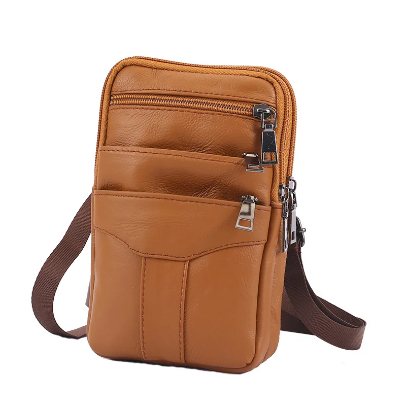 New Genuine Leather Men's Waist Bag, Mobile Phone Cover Layer, Cowhide Single Shoulder Diagonal Cross Bag, Retro Hanging Bag