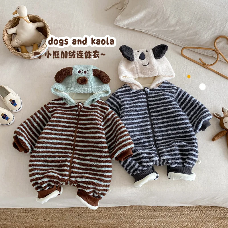 Baby Rice Fleece Crawler Clothing 2025 New Winter Baby Striped Velvet Jumpsuit Newborn Hoodie