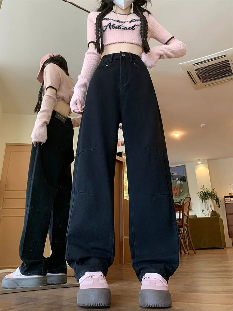 

Свободные широкие джинсы с высокой талией. Женские повседневные джинсовые брюки с вырезом в стиле ботинок больших размеров. Груша ape Body Bla Color Осень Новый Arr...