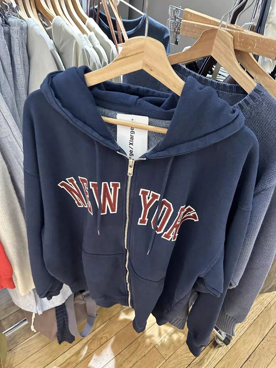 رسالة التطريز فضفاضة الرمز البريدي هوديي امرأة الخريف طويلة الأكمام جيب القطن المتضخم بلوزات خمر نمط Preppy معاطف