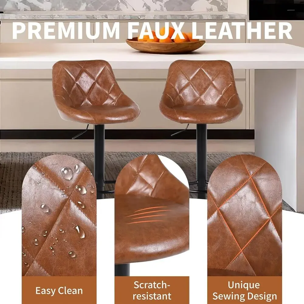 Set of 2 Swivel Counter Height Bar Stools with Backrest and Footrest, Brown Leather for Kitchen Island or Dining Area - view 6