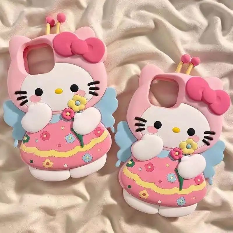 luxury 3D Stereoscopic Hello Kitty Cases For iPhone 16 15 14Plus 13 12 11 Pro Max Mini XR XS Soft Silicone Shockproof Back Cover