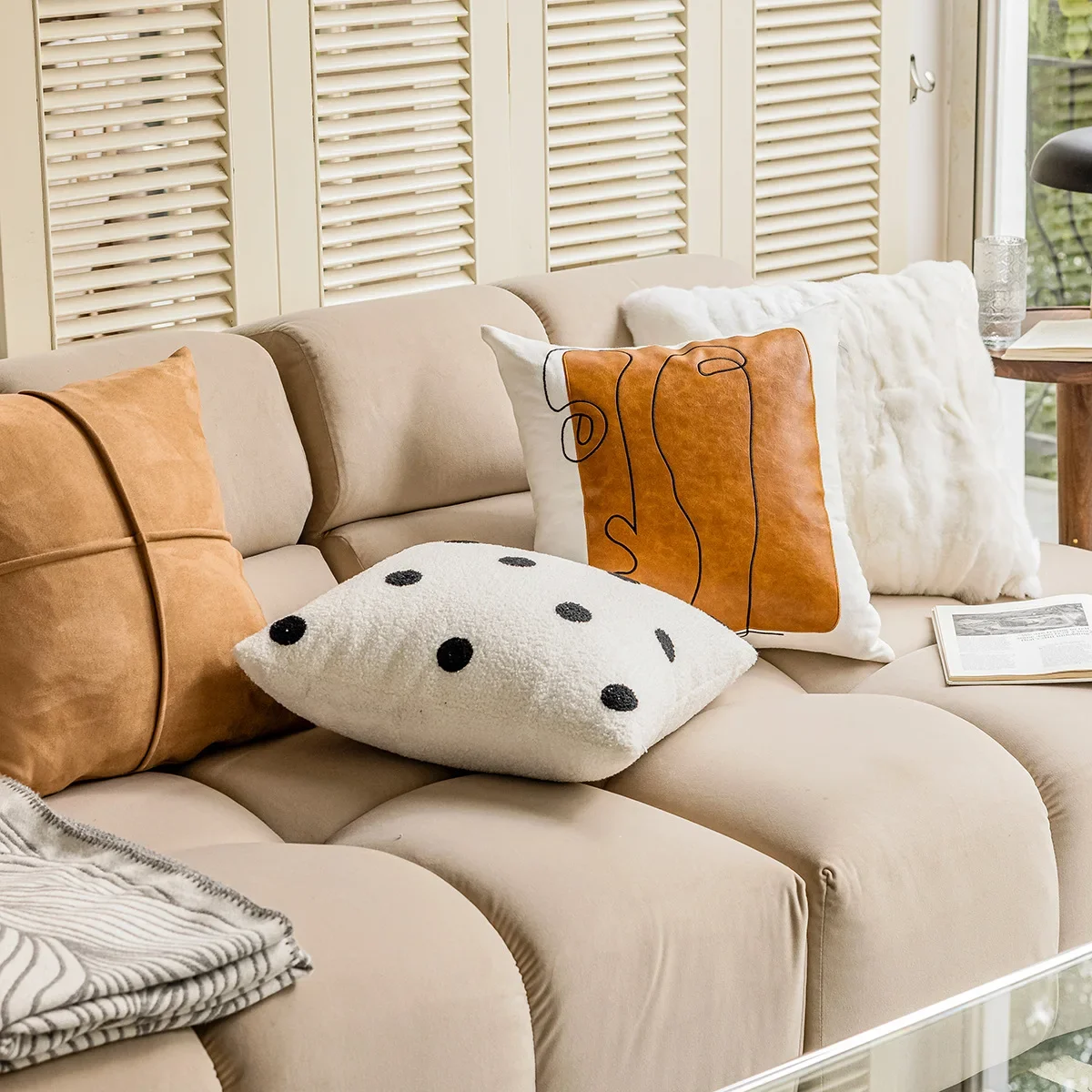 

Luxury Plush Splicing Cushion Cover Orange Brown Abstract Lines Embroidery Pillow Covers Decorative Home Decor Sofa Pillow Case