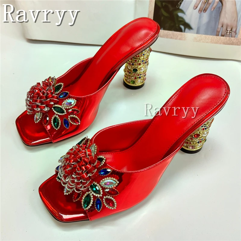 Patent Leather Crystal Flower Slide Sandals Women Luxury Gemstone-Encrusted Heel Slip On Pumps for Evening Party & Bridal