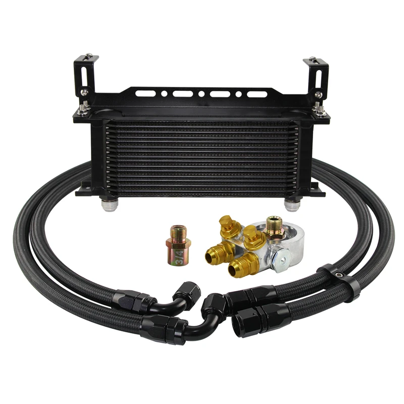 Universal 16 Row Oil Cooler+AN10 Oil Adapter w/Thermostat +Braided Hose Line Kit  Silver / Black