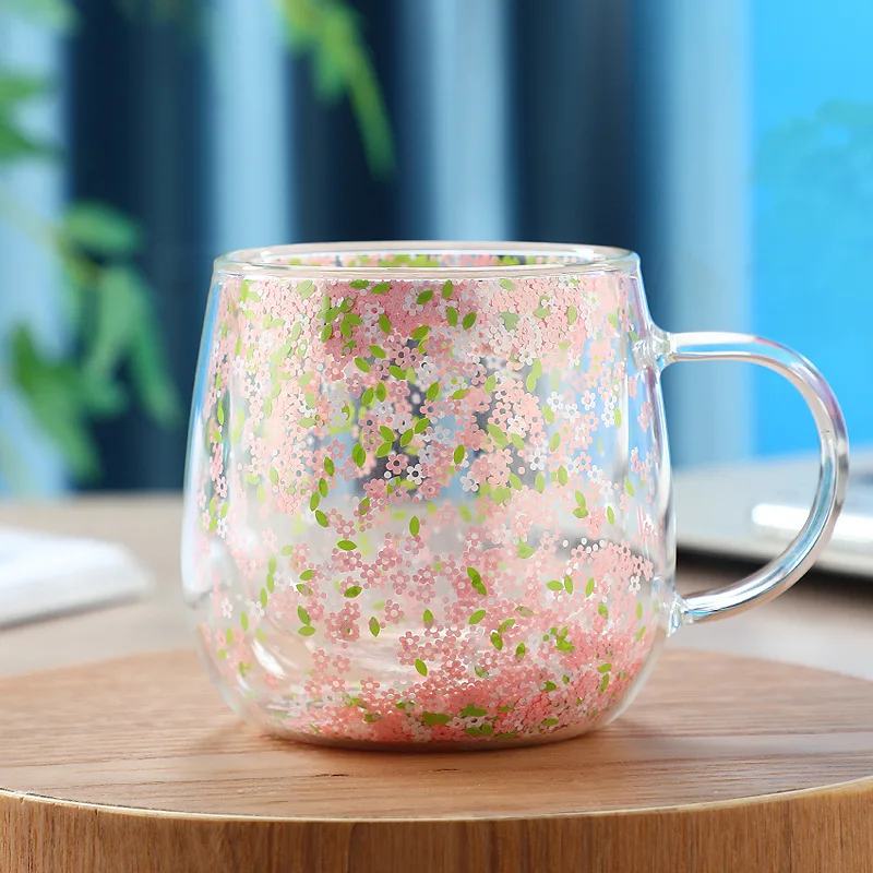 Double Wall Glass Cup with Pink Purple Blue Floral Glitters Lovely Heat Insulation Coffee Milk Shake Juice Glass Tumbler 1 Piece
