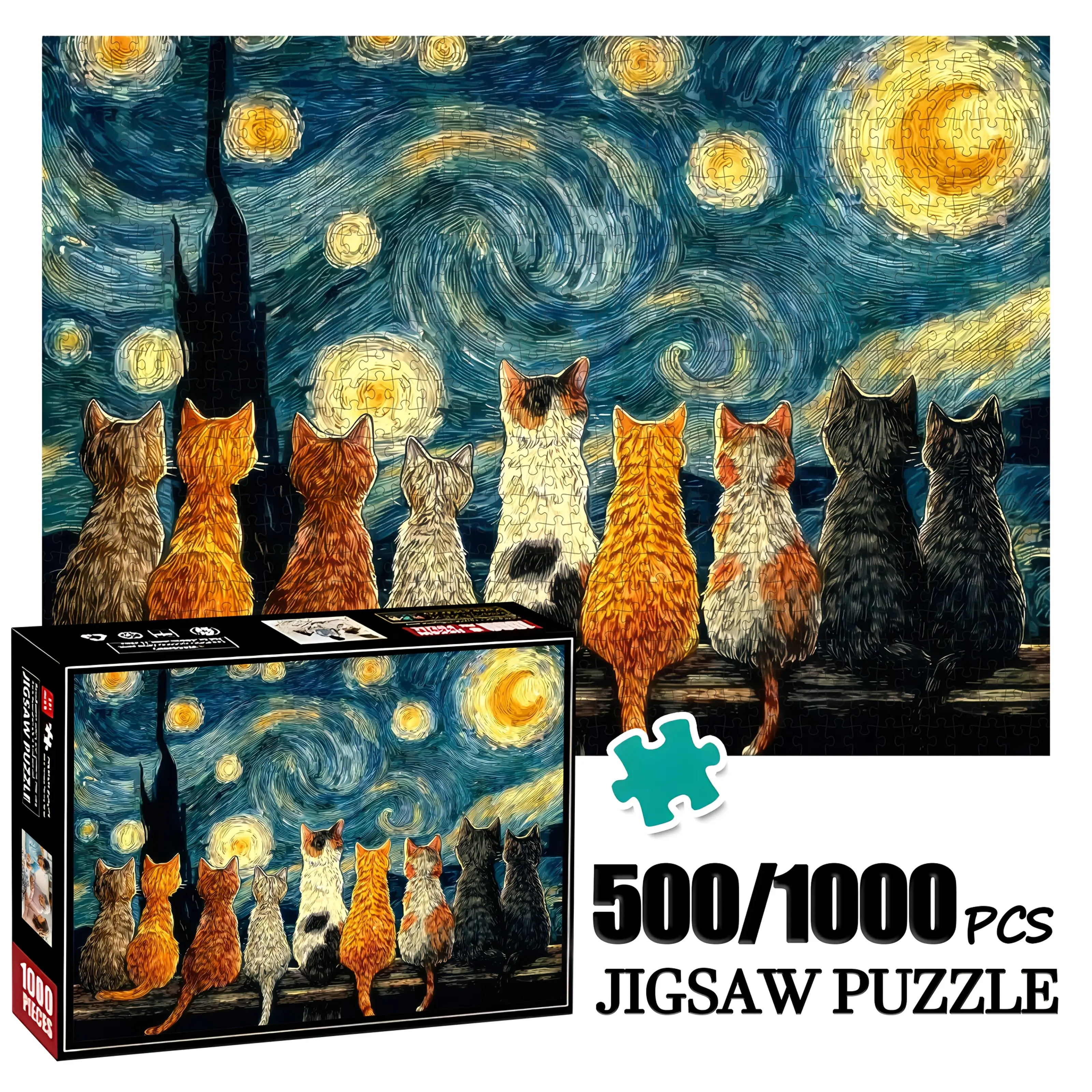 1 Box (500/1000pcs Cat's Starry Night Daydream Thick Paper Puzzle, Adult Toy Gift, Family Interactive Game, DIY Home Decor Bra