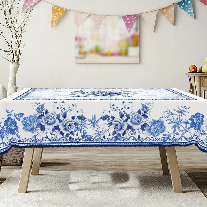 One piece of Eastern vintage floral tablecloth, with a rural farmhouse style, featuring a blue and white floral pattern design.