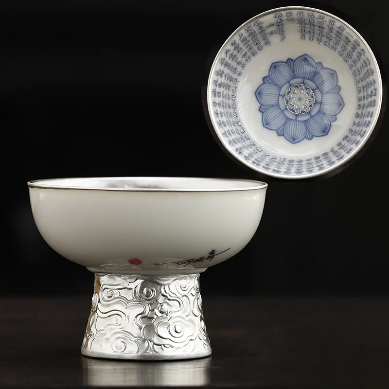 He Fusen Exquisite High-Feet Gilded Silver Cup Sheep Fat Jade Ceramic Kung Fu Tea Cup Tasting Cup Master Cup Tea Cup