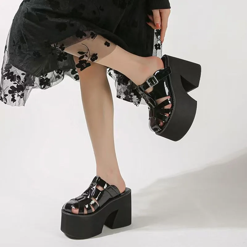 

Женские тапочки на высоком каблуке, весна-осень 2023, повседневная женская обувь из натуральной кожи на платформе, модные тапочки на танкетке 11 см