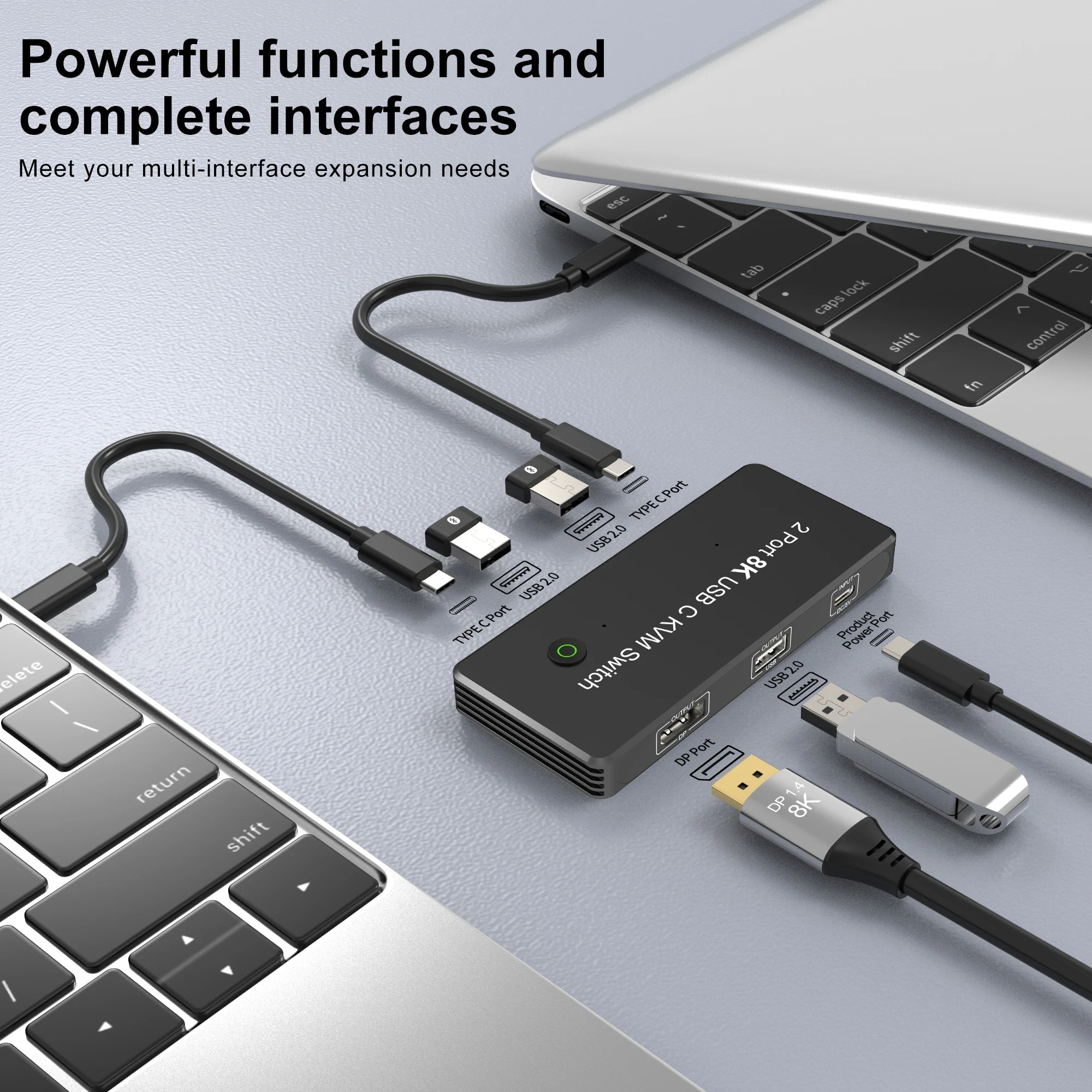 USB-C KVM Switch 8K@60Hz 4K@144Hz 2-port USB C to DisplayPort 1.4 3xUSB2.0 Thunderbolt 3/4 Gen 2 for two Computers share Mouse