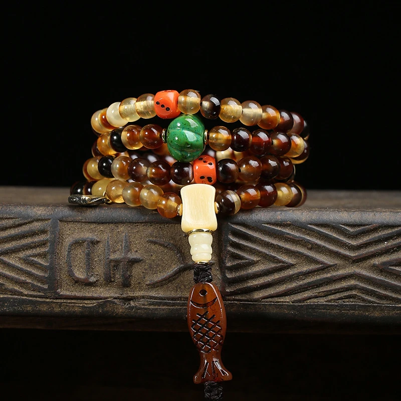 Golden Tortoise 108 Bead Multi-loop Bracelet with Bone Three-way Connector and Dice Accessories
