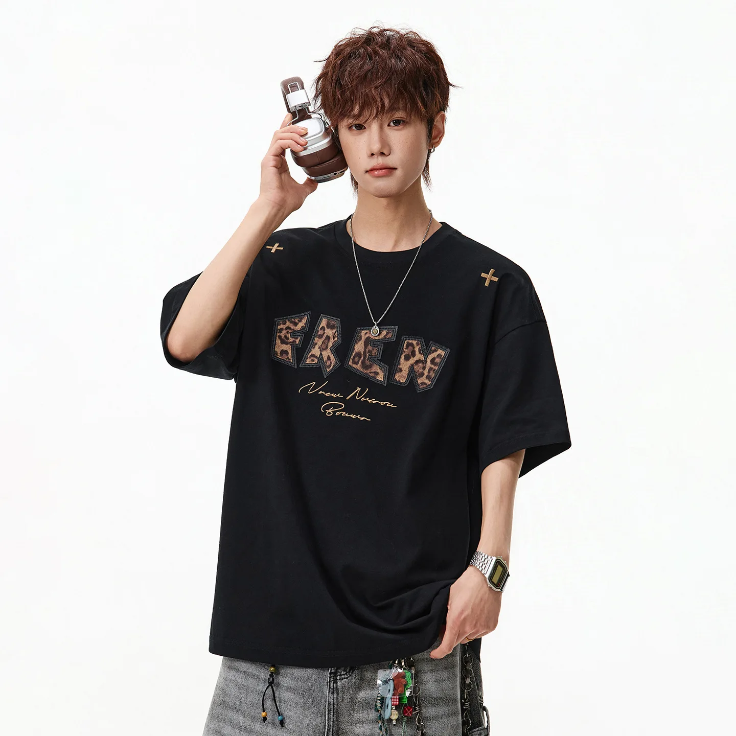 Mens Leopard Print T Shirt Short Sleeve Pure Cotton Loose High Street Casual Summer New Texture Fashion Half Sleeve Top
