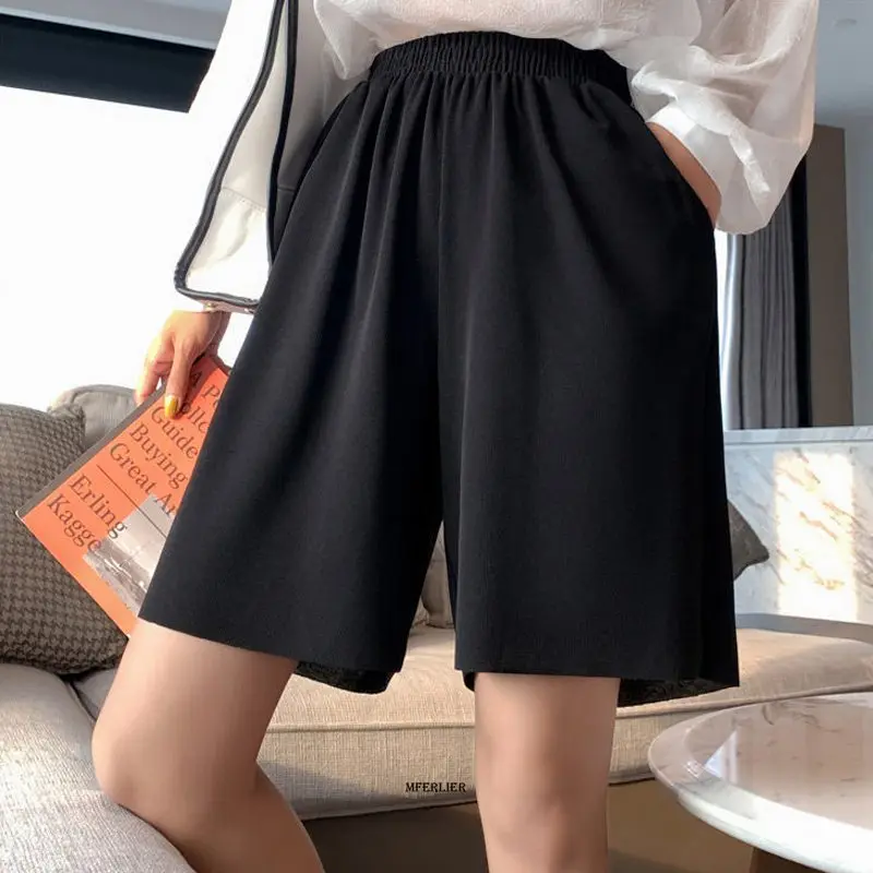 Large Size 7XL 150KG Ice Silk Women Shorts Solid Summer Ladies Pleat Short Pants High Waist Streetwear Half Pant for Female