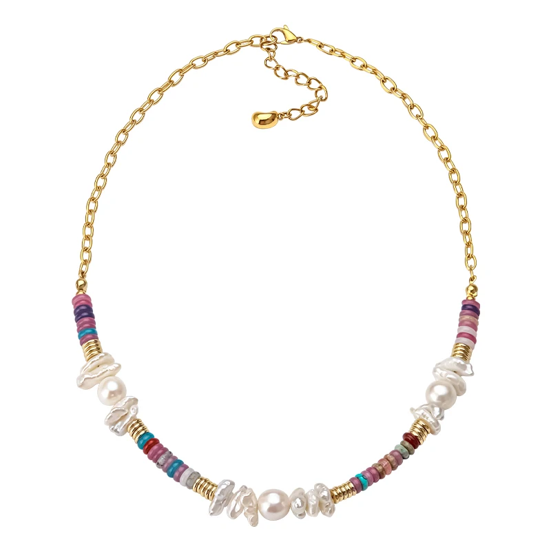 

VAROLE Bohemia Colorful Natural Stone Necklace For Women Fresh Water Pearls Necklaces Gold Color Fashion Jewelry Collier Femme