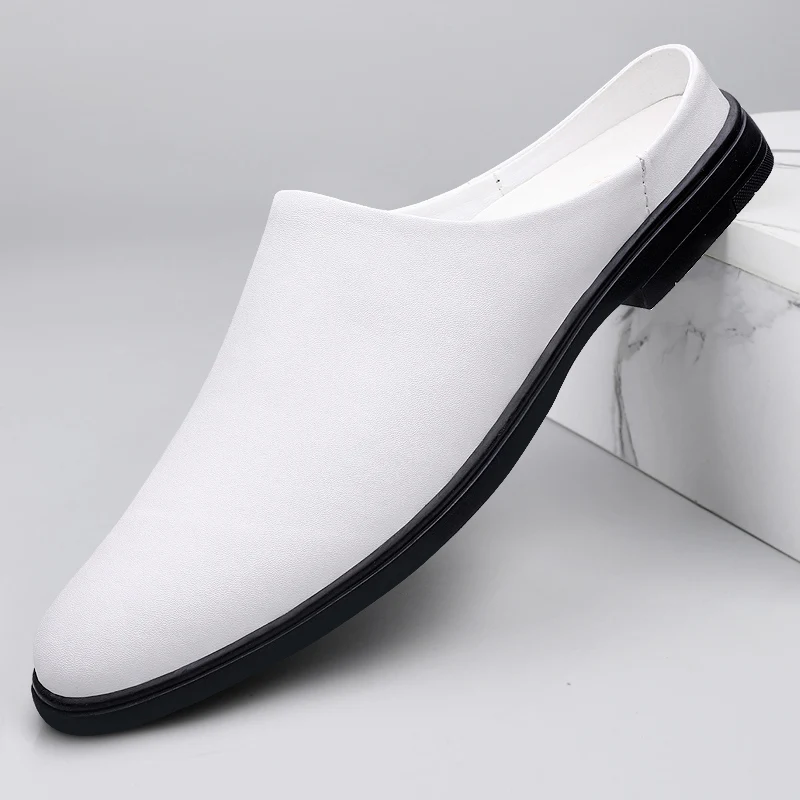White Leather Half Shoes for Men Black Mules Backless Loafers Slippers Semi-Drag Casual Shoes Closed-toe Sandal Slip On Flats