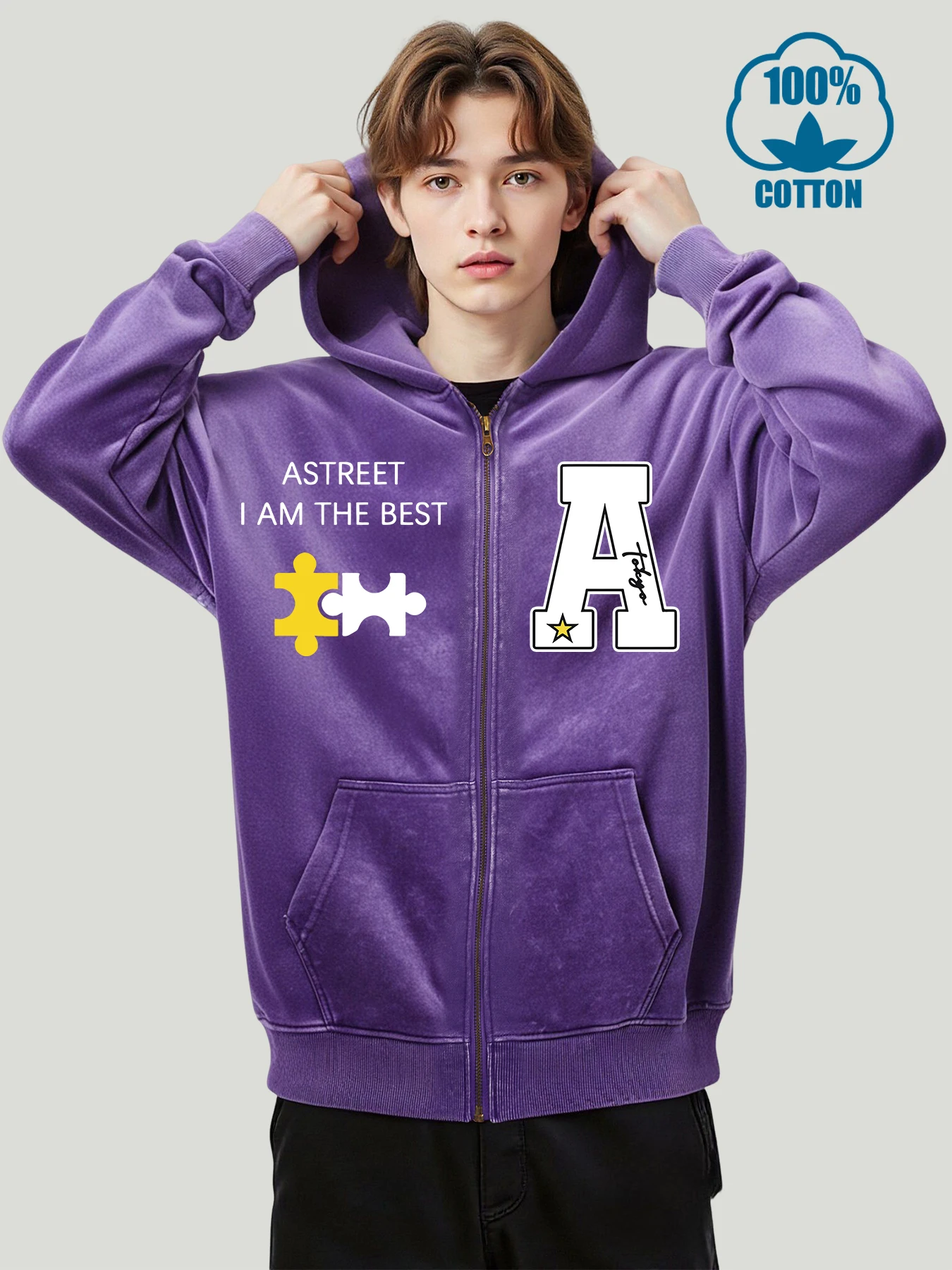 

Usa I Am The Best Print Washed Zipper Jackets Man Fashion Cotton Hoodies Casual Loose Tops Distressed Unisex Retro Streetwear