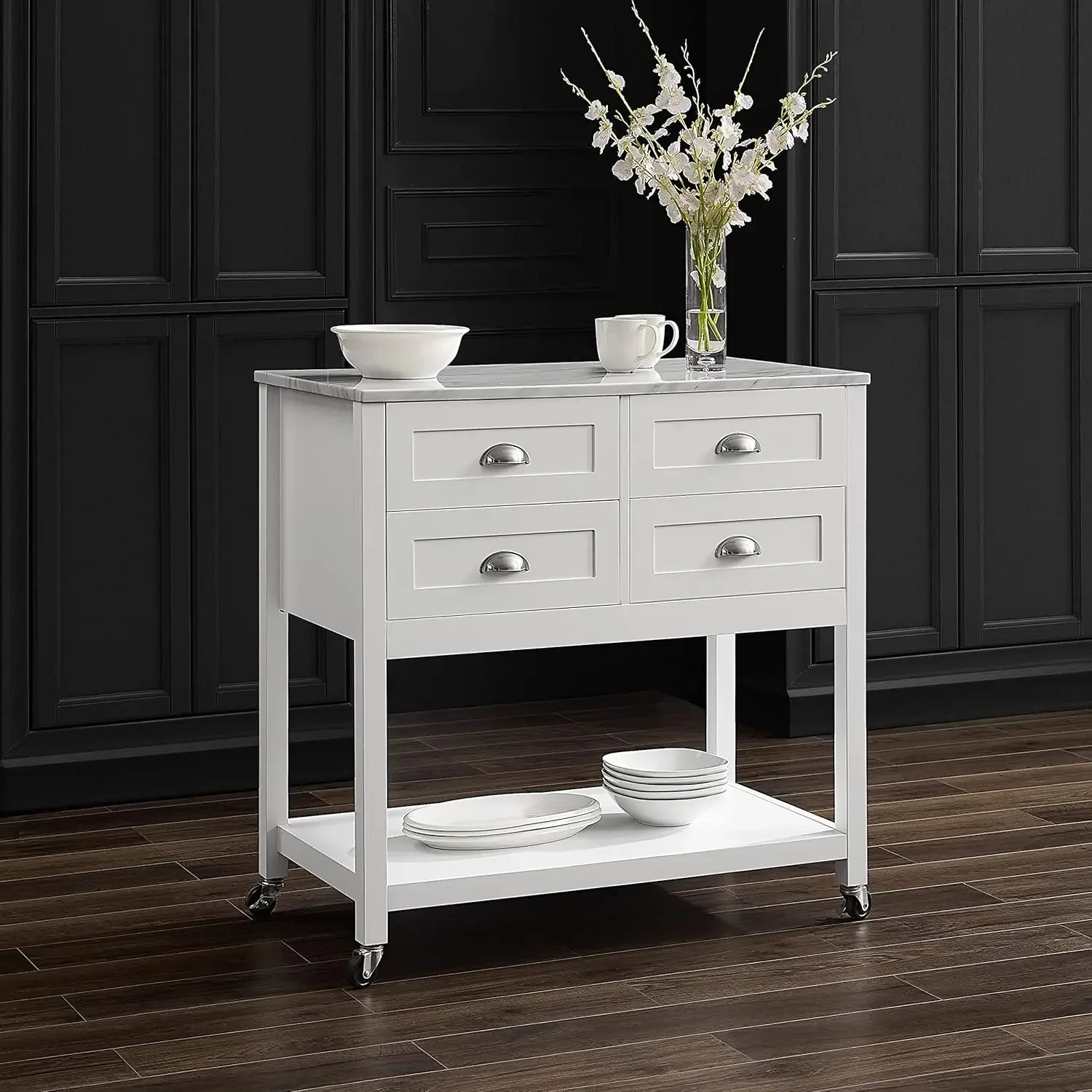 Crosley Furniture Connell Kitchen Cart with Faux Marble Top, White