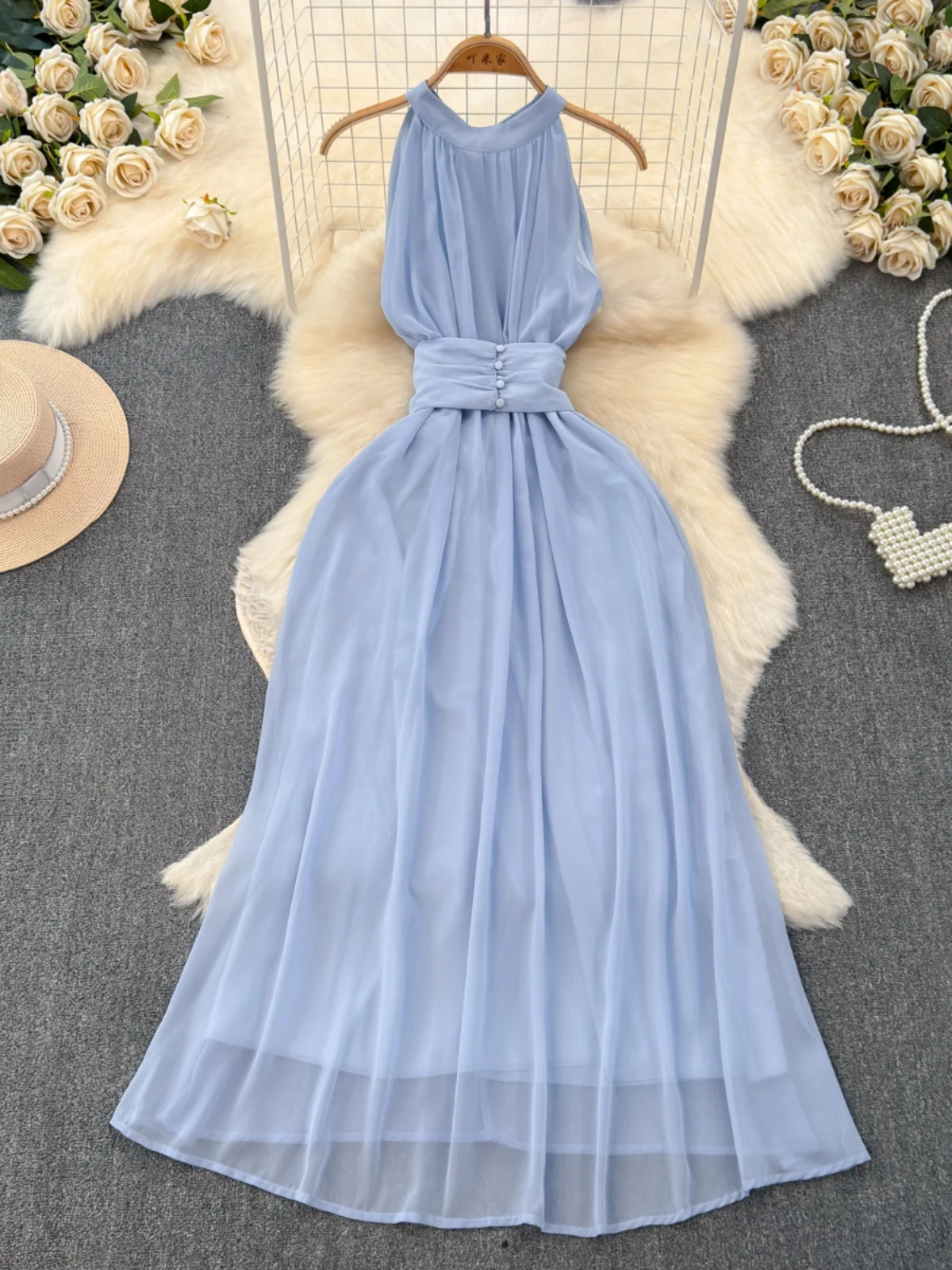 

Gagaok French Elegant Blue Dress Female Halter Sleeveless Slim High Waist Sexy Tank Dresses Women Outwear Solid Gentle Vestidos