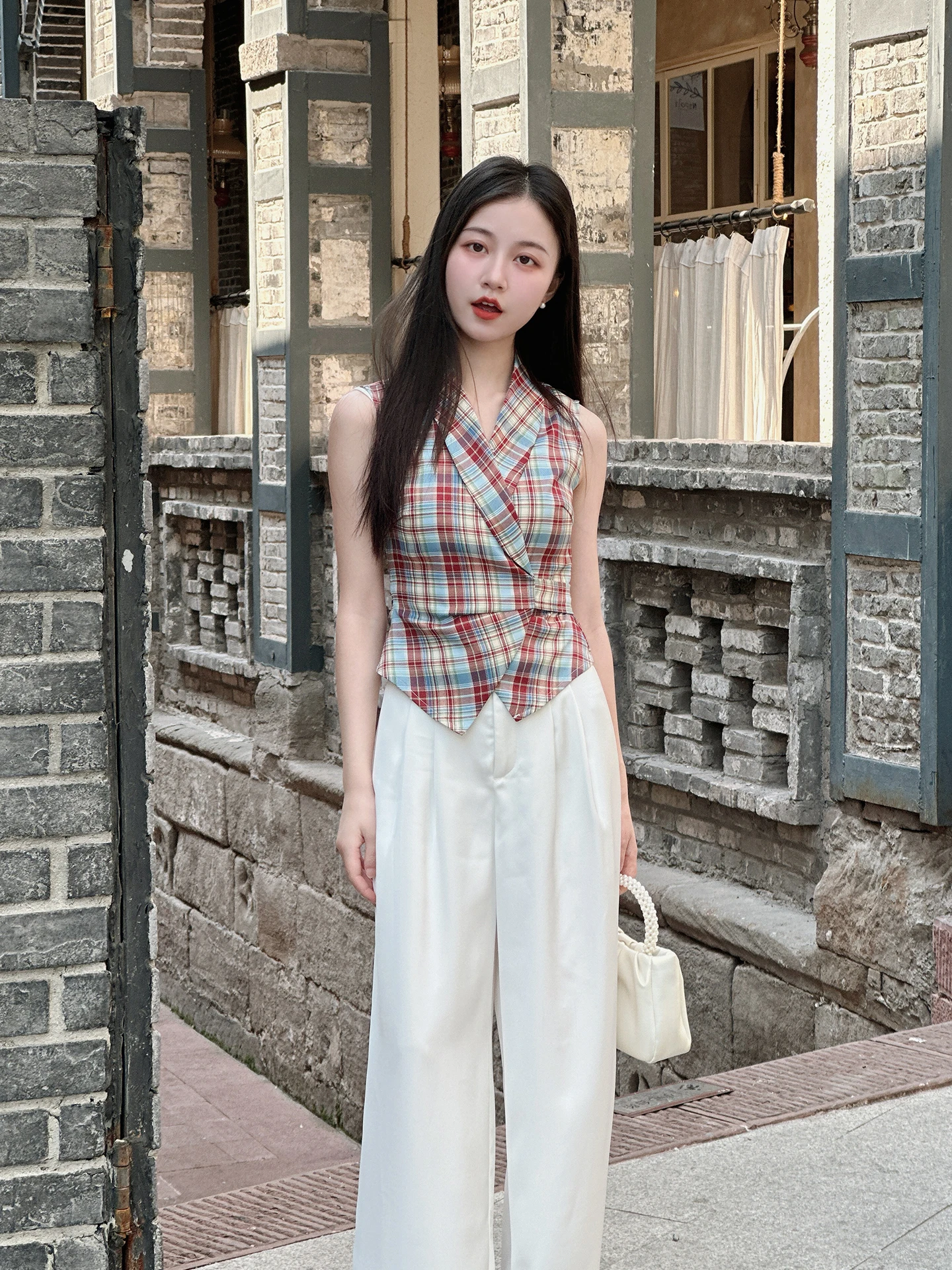 

Margaret Smallna Short V-neck Plaid Korean Style Slimming Women's Top Fashionable Commute Wind Loose Polyester Blend Shirt