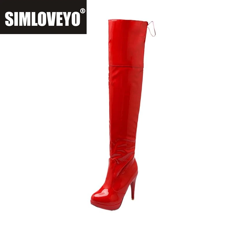 

SIMLOVEYO 2025 Сексуальные сапоги выше колена из лакированной кожи, бархатные, с круглым носком, на шнуровке, на платформе, 11 см, на тонком каблуке US12, белый, красный, A4348