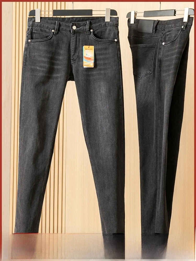 

Итальянские высококачественные ветрозащитные теплые ферментные выбеленные прямые мужские брюки с подкладкой на талии, модные универсальные джинсовые длинные брюки