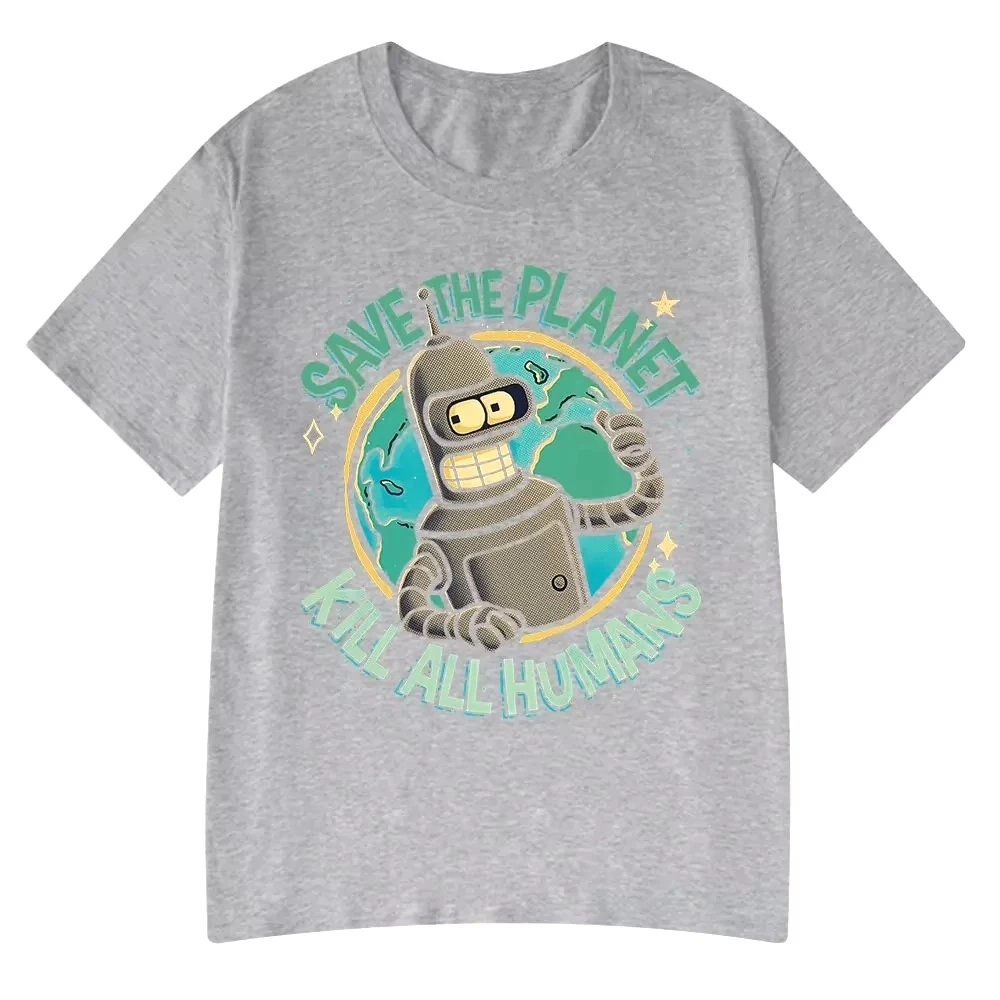 Funny Robot Save The Planet Graphic Washed Cotton T‑shirt Unisex Fashion Oversized Short Sleeve Harajuku Streetwear Casual Tops