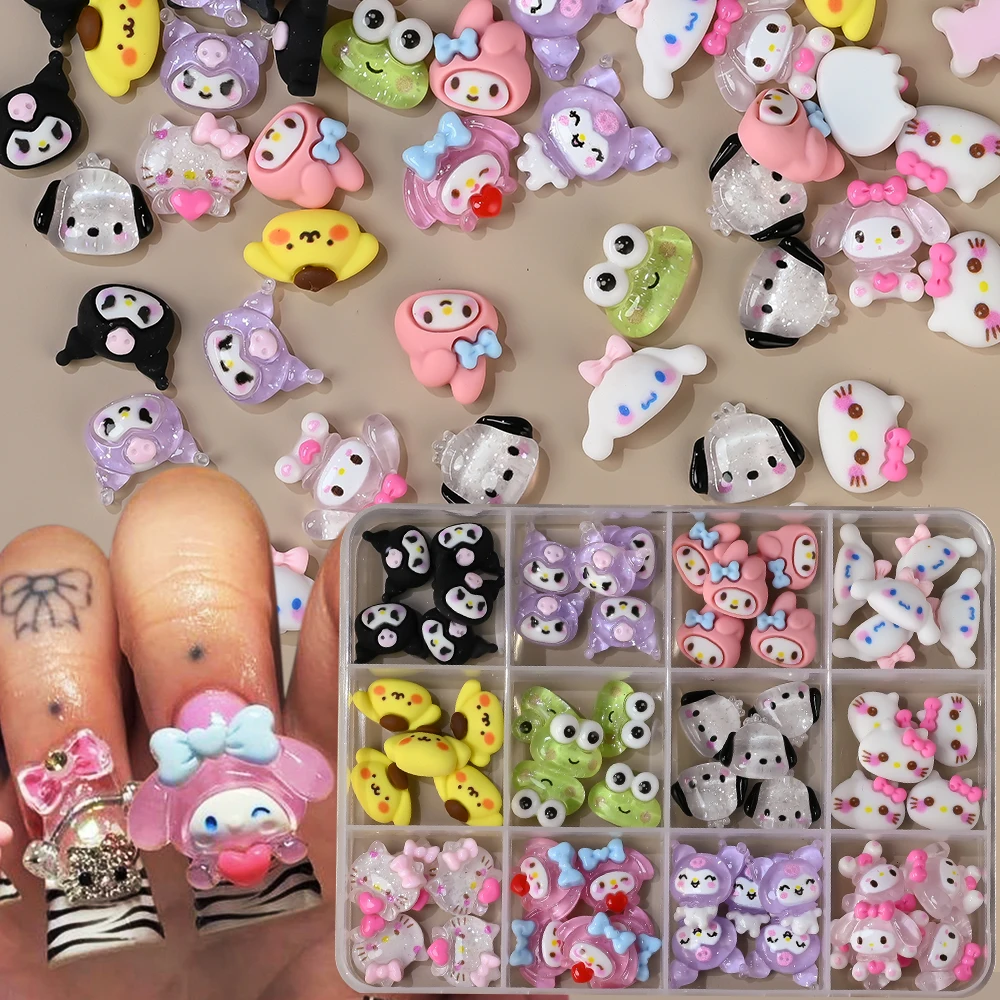 12 niñas 3D Sanrio leopardo Hello Kitty Nail Art Rhinestone mezclado leopardo Bowknot Kitty Nail Charms dibujos animados Kitty gato piezas de uñas