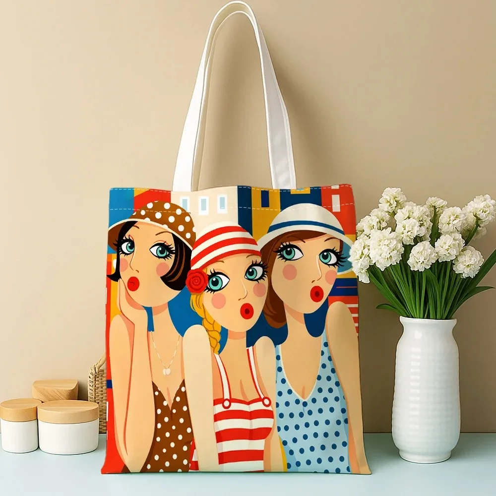 1pc Retro Pop Art Portrait Fashion Tote Bag Woman Glasses Floral Colorful Bold Reusable Grocery Shopping Bag Multifunctional Bag