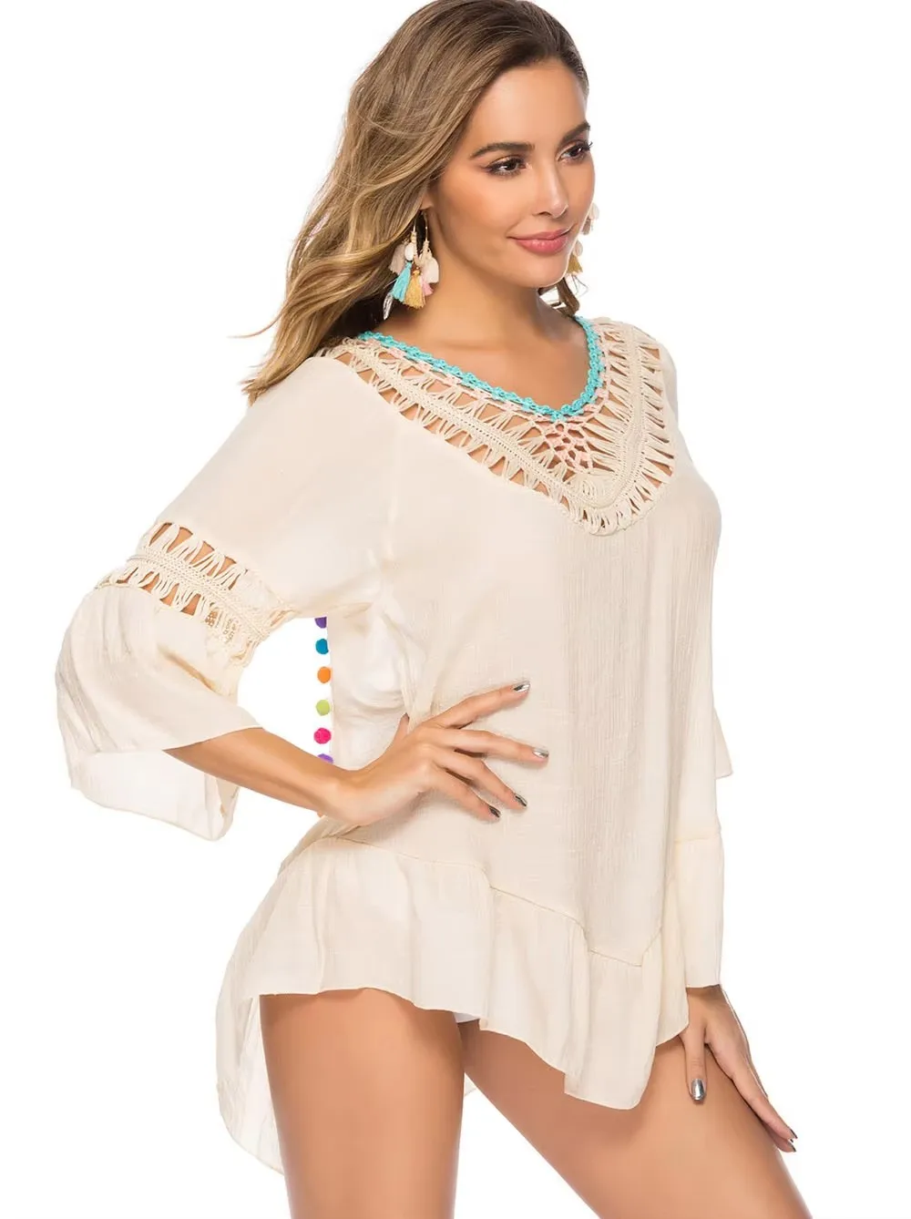 ชุดว่ายน้ําสตรีชายหาด COVER UP Lace & พู่บิกินี่ Beachwear SHEER ชุดว่ายน้ํา Coverups