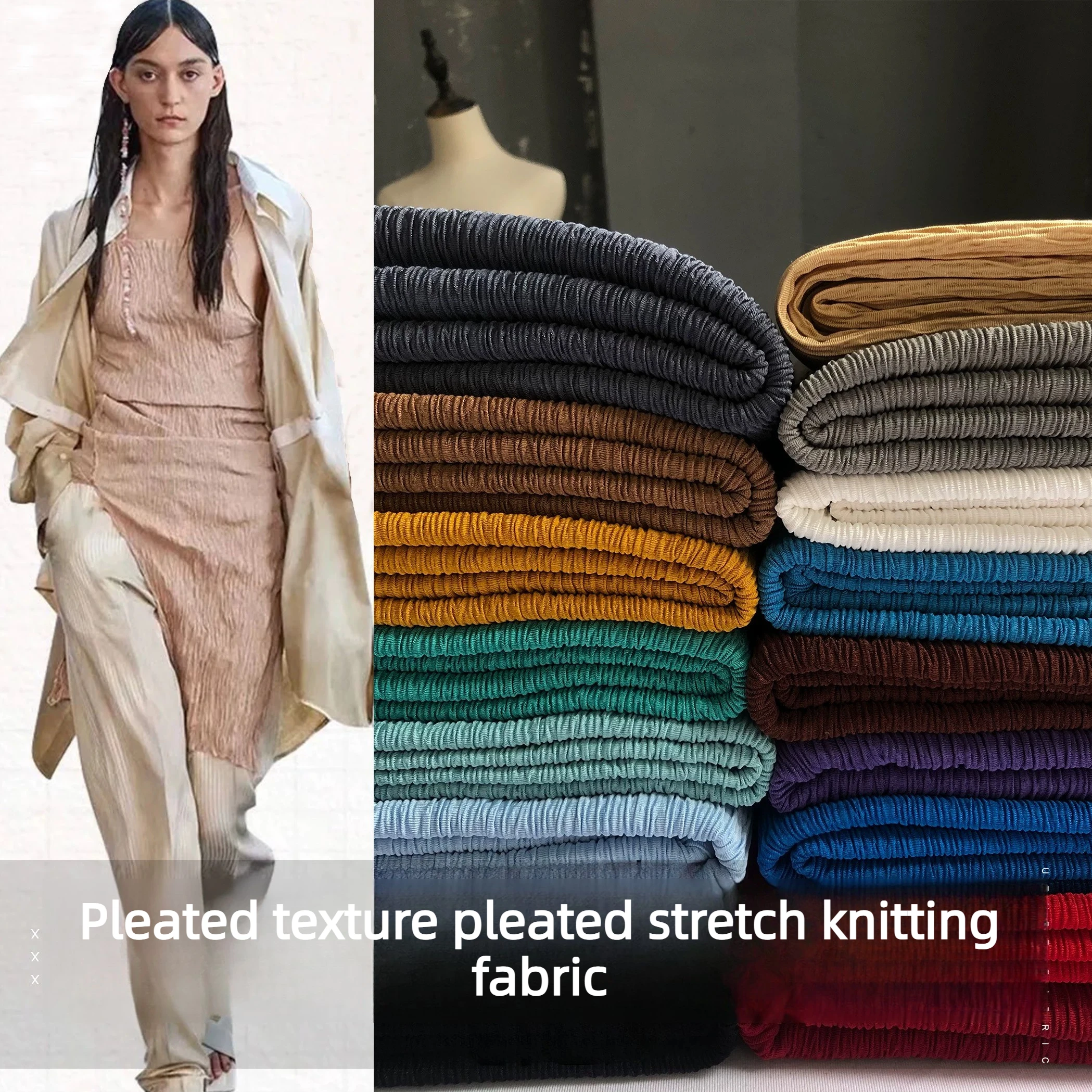 Knitted Micro-elastic Texture Pleated Fabric By The Meter for Clothing Dress Skirt Decoration DIY Sewing Designer Cloth Soft Red