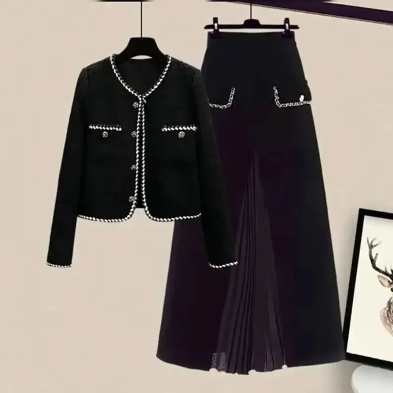 New French Velvet Patchwork Women\'s Skirt Elegant High Waist Slim A-Line Pleated Office Lady Midi Skirt Autumn Winter Clothing