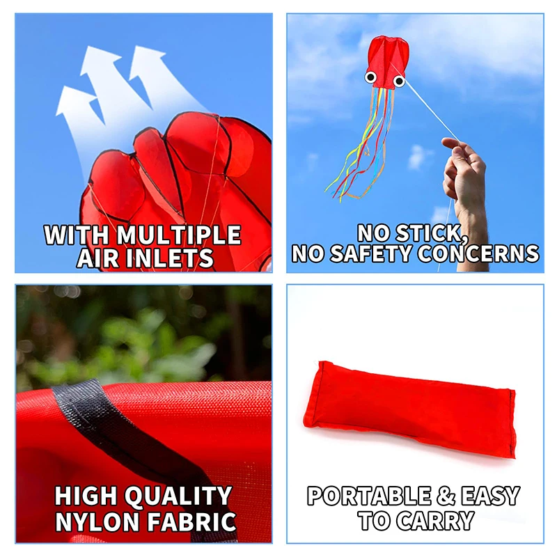 Cerf-volant pieuvre 3D avec longue queue flottante, 3 pièces de 4m, kit de 3 couleurs pour enfants avec ficelle de 100m, cadeau de festival de plage simple