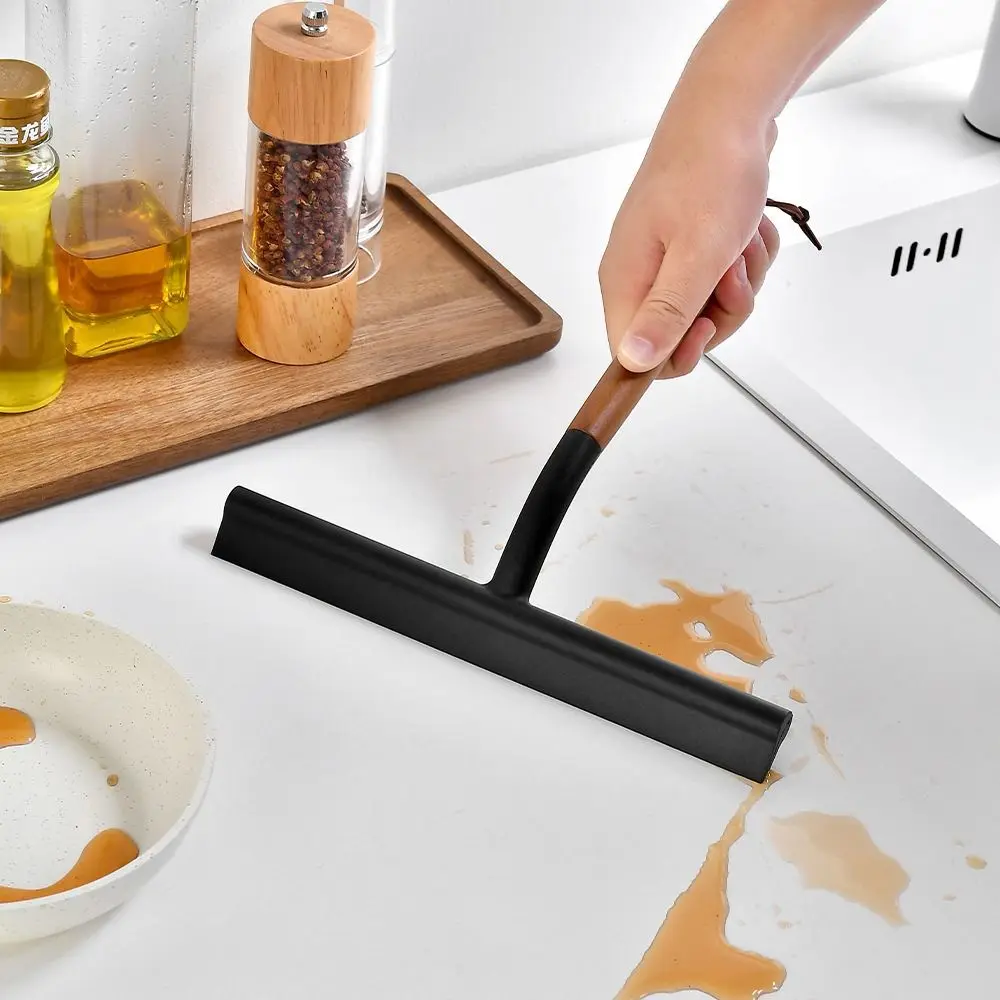 Non-Scratch Kitchen Water Wiper with Lanyard Soft Silicone Window Mirror Squeegee Wooden Handle Widen Glass Cleaning Tool Sink