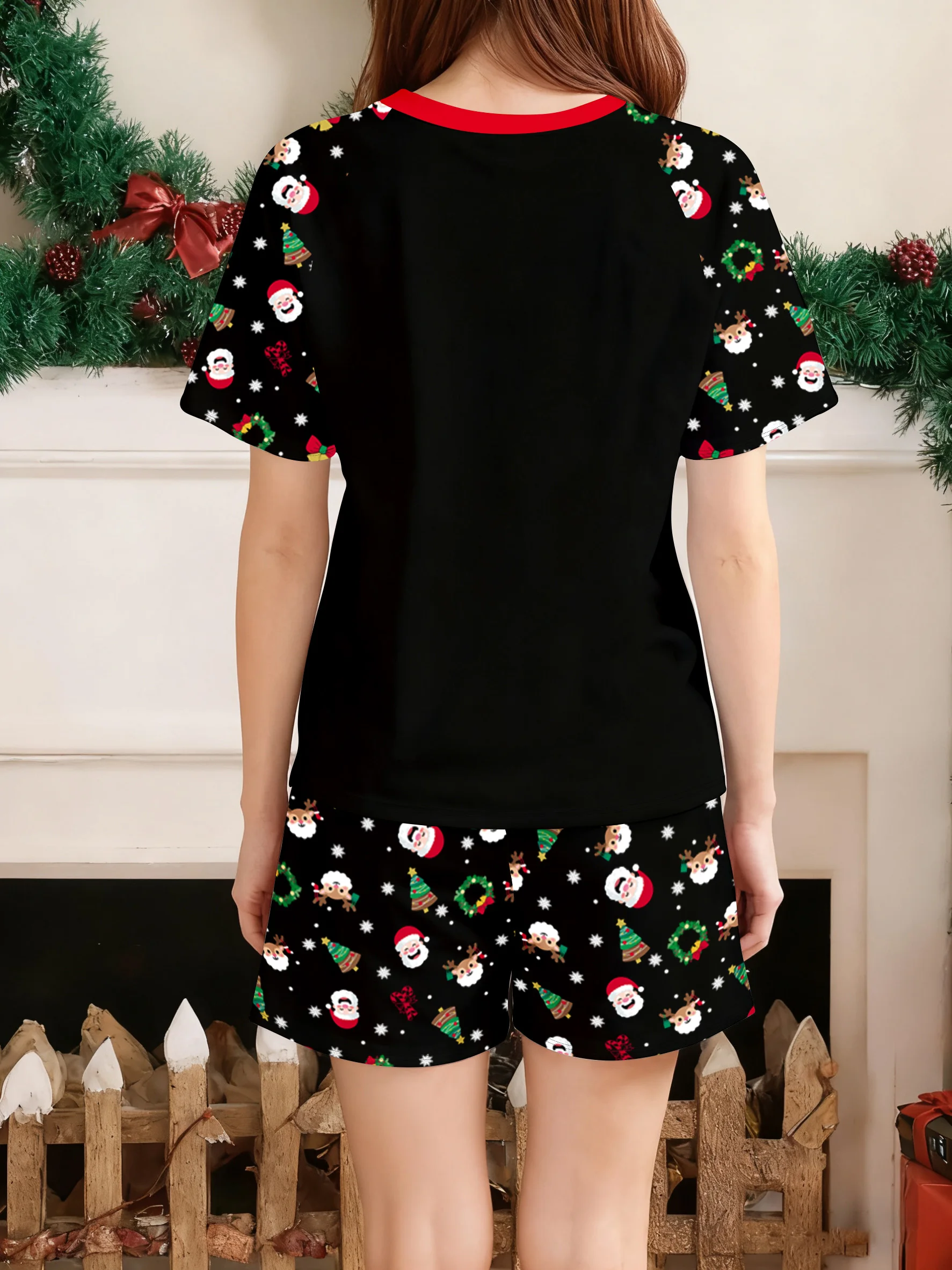 Family Christmas Pajamas Matching Parent-child Short Sleeve Shorts Black Santa Candy Cane Print Xmas Gift Men Women Kids