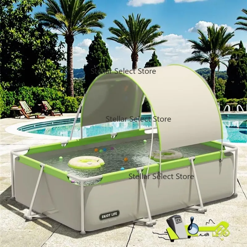Large Outdoor Folding Pool with Convenient Sunshade and Protection Easy Set-Up and Take-Down