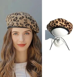 Women's Leopard Print Hat Fashion Beret Vintage Hats Leopard Felt Hat Beanie Girls Cap French Berets With Adjustable Rope