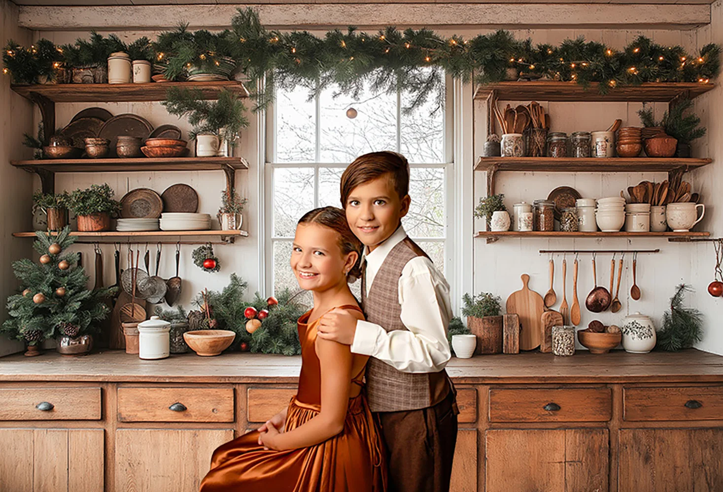 クリスマス キッチン 素朴なキャビネット 棚 窓 背景幕 フォトコール 子供 赤ちゃん 室内 クリスマス クラシック背景