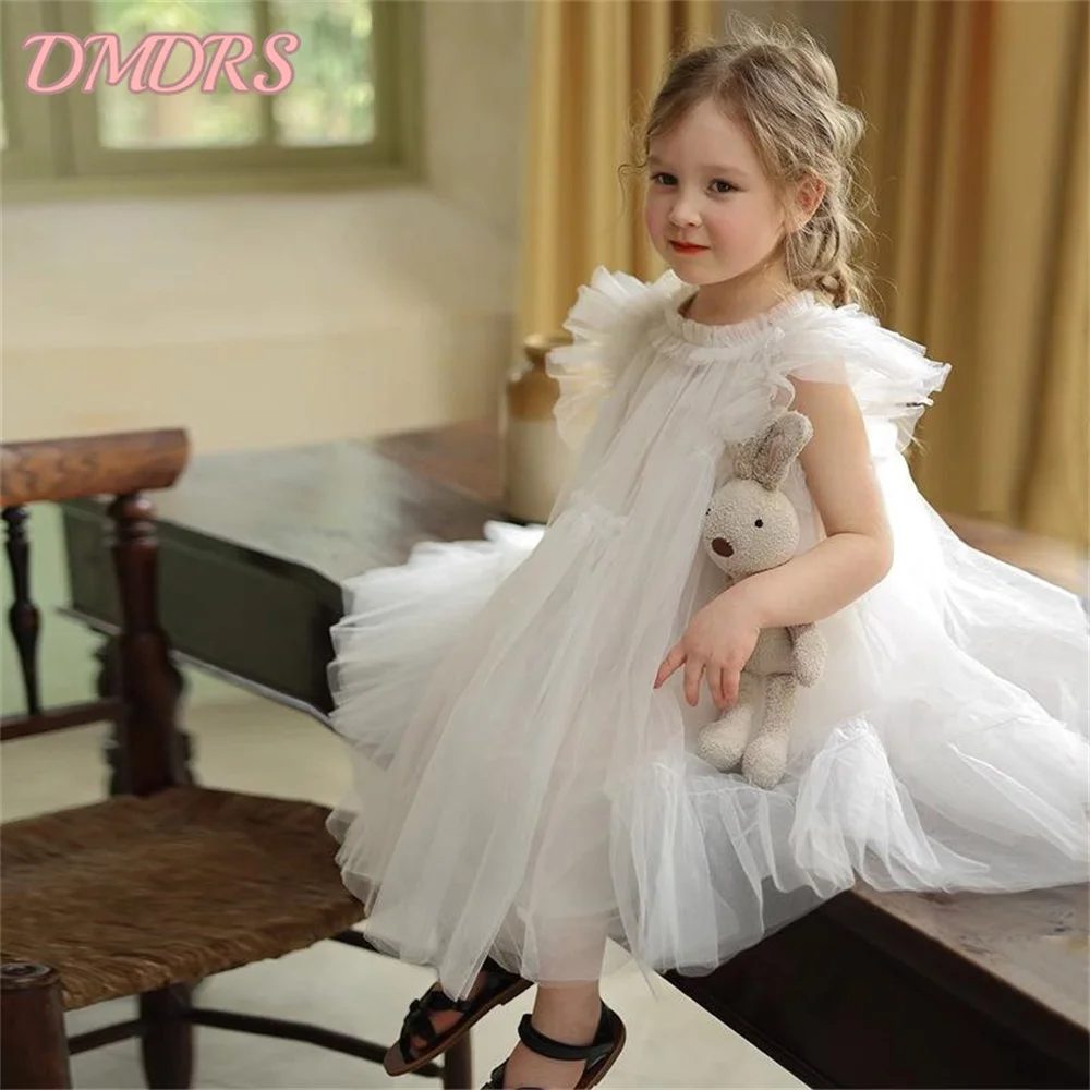 

Charming Sleeveless Pretty Dress Sparkly Brithday Girl Dress Featured Tulle White Communion Clothing for Kid Puffy Skirt