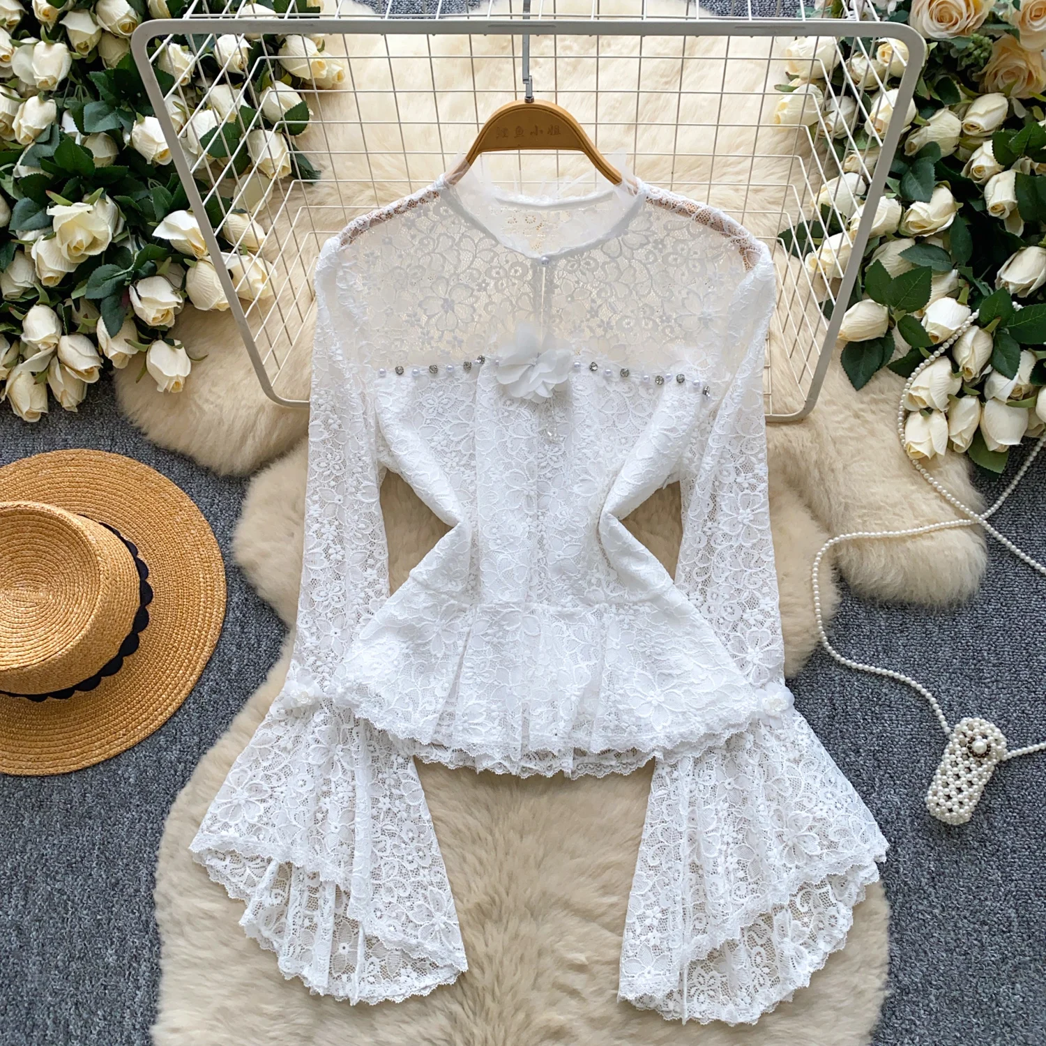 Vintage Elegant flare sleeve Beading long sleeve Blouse Fashion Shirt  hotsweet Top Fairy Women Shirt