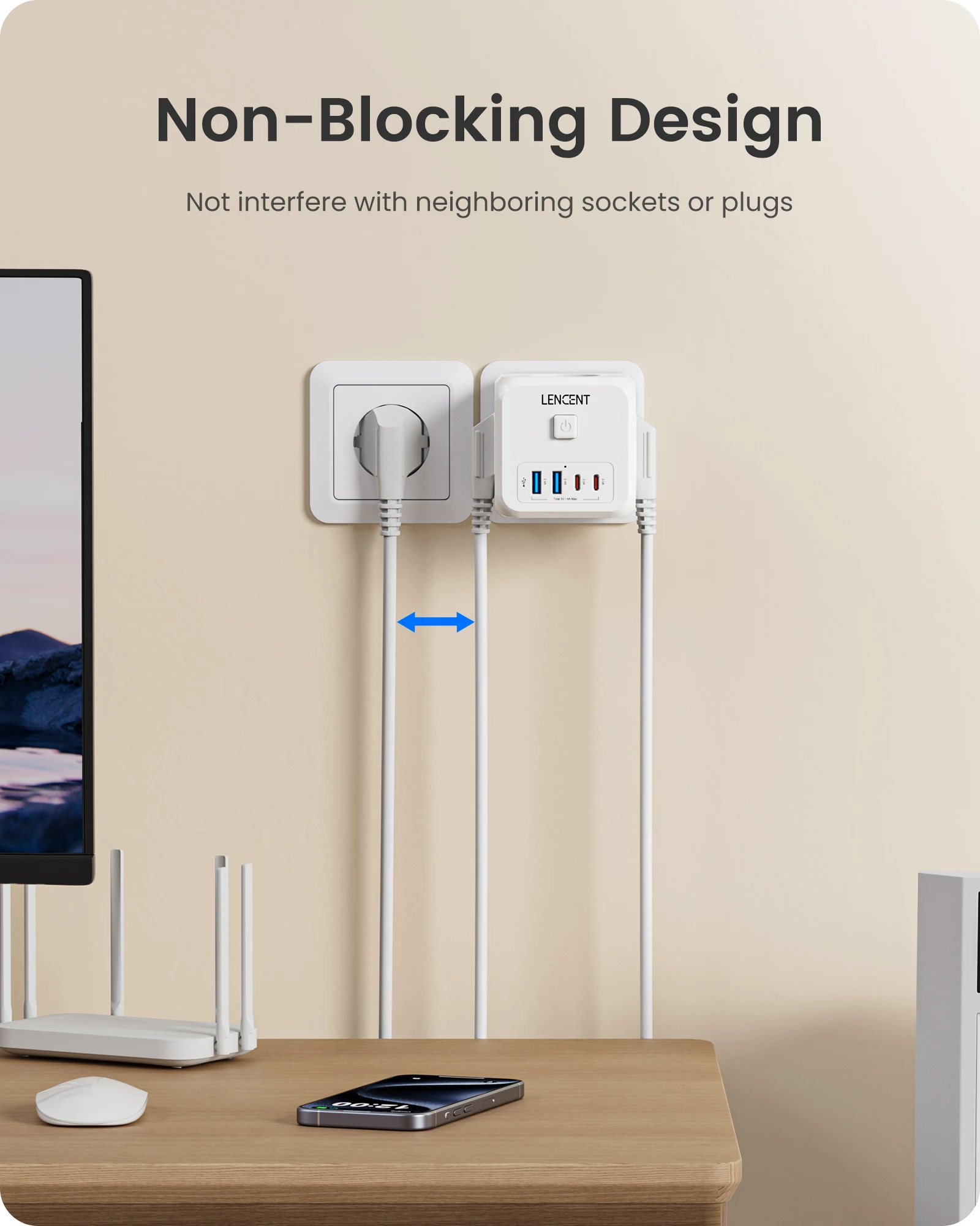 LENCENT 7 w 1 EU Plug Wall Socket Extender z 3 gniazdami AC + 2 USB-A + 2 USB-C Cube Socket On/Off Adapter włącznika/wyłącznika do domu