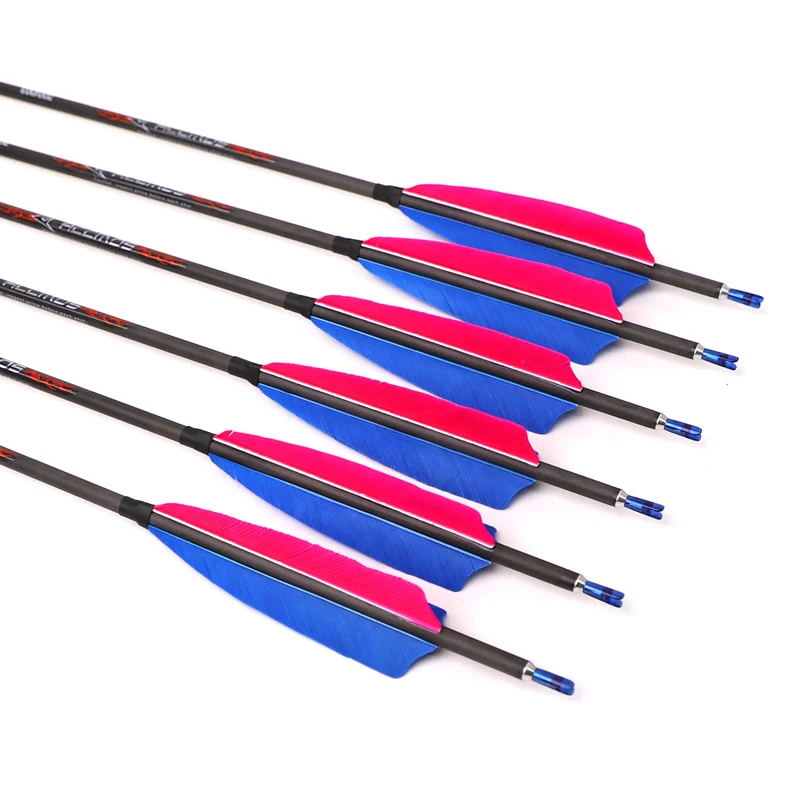 6/12pcs ID6.2mm Pure Carbon Arrow Spine 250 300 400 500 600 700 800 5inch Real Feather 100gn heads Pin Nocks Archery Shooting