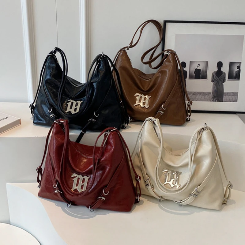 Vintage PU Oil Wax Skin Tote Bucket Bags For Women Luxury Designer Handbags And Purses 2023 New In Travel Backpack Shoulder