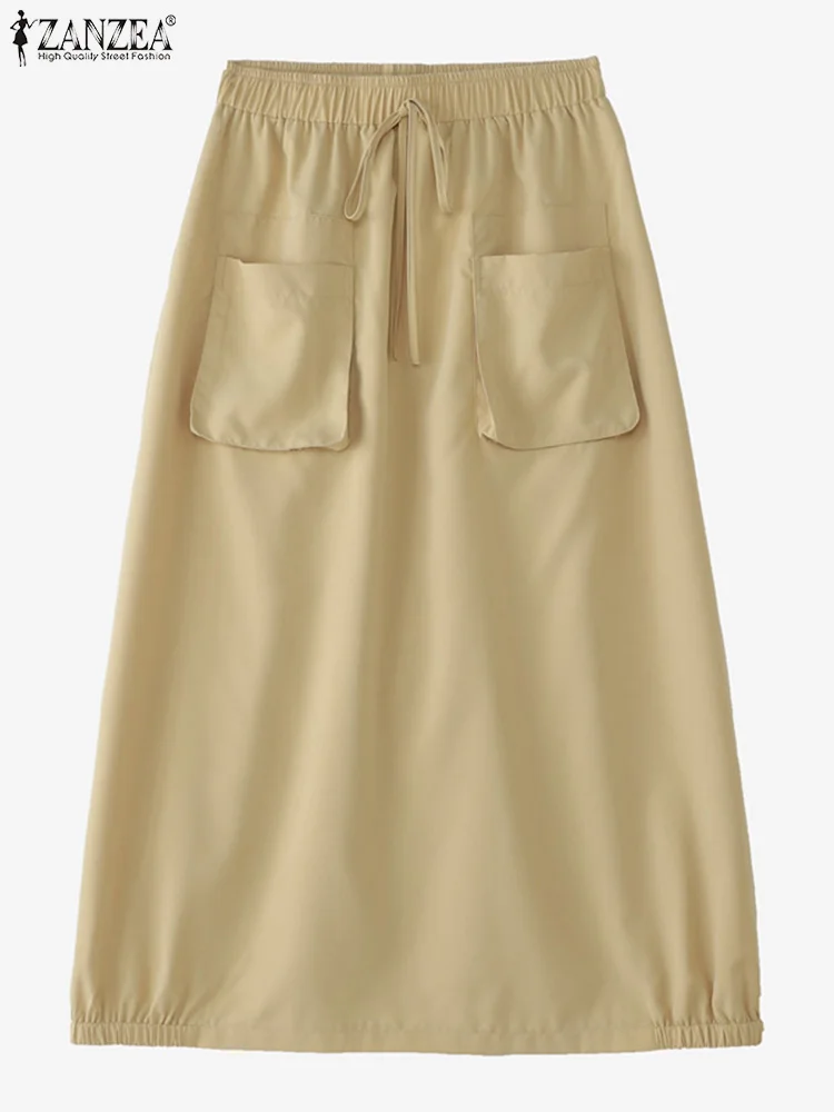 

ZANZEA, женские длинные юбки, однотонные верхние юбки с карманами, осень 2022, Jupes Faldas Saia, свободные повседневные корейские плавки миди с эластичной резинкой на талии