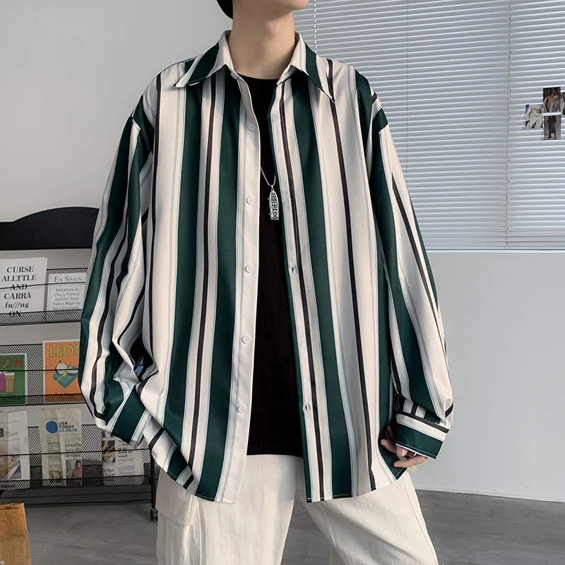 

2024 Loose Shirt Tops for Men Spring and Autumn Striped Buttoned Lapel Male Lightly Cooked Hong Kong Style New Blouses N371