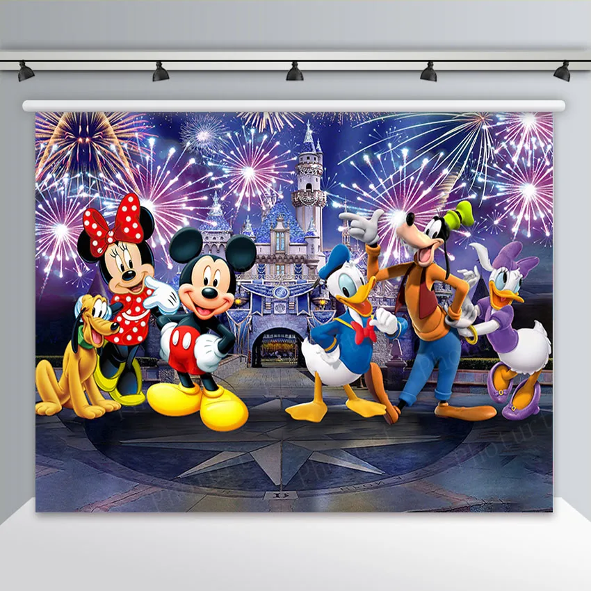 Disney Mickey Minnie Mouse Friend Backdrop Kids Birthday Decoration Background Disneyland Vinyl Polyester Photography Props