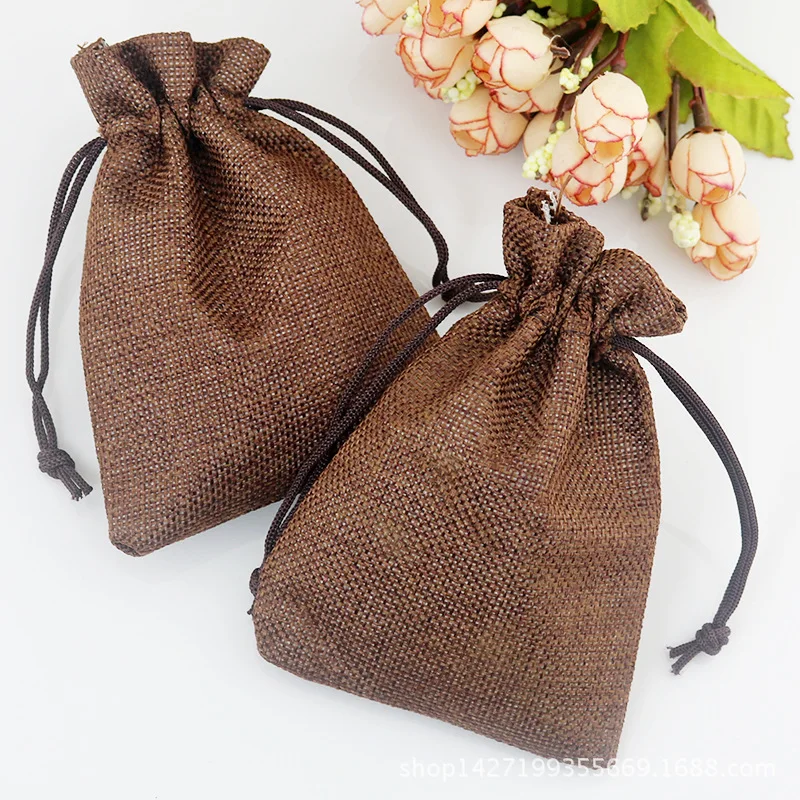 10pcs/Lot 7*9cm Red Khaki Linen bags Fabric Jute Drawstring bags Gift package bags Natural Burlap Bags with Nylon Drawstring